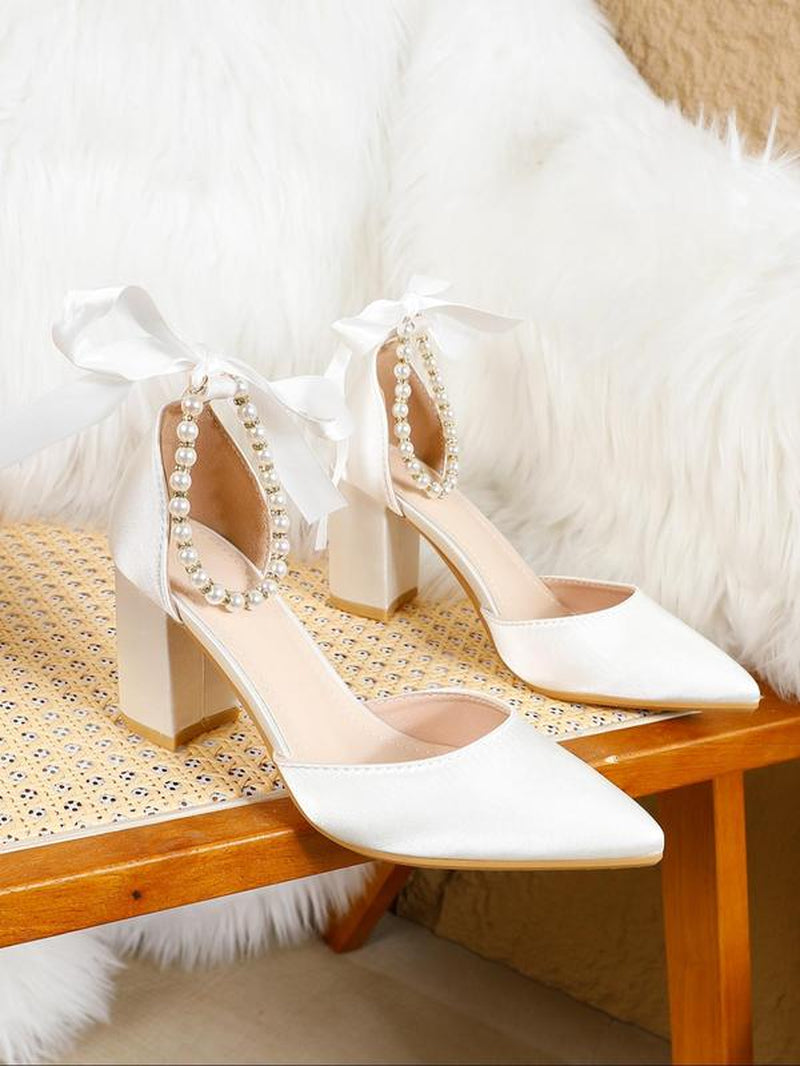 Women'S Elegant Pearl & Bowknot Decorated High Heel Shoes, Prom Sandals, Strap Heels, Trendy Pointed Toe Heels, Bridal Sandals, Fashionable Heeled Sandals for Party & Daily Wear, Classy, Summer Footwear, Walking Shoes, Bowknot Design Sandals