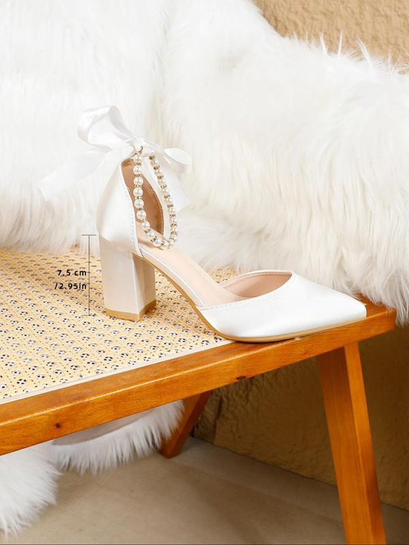 Women'S Elegant Pearl & Bowknot Decorated High Heel Shoes, Prom Sandals, Strap Heels, Trendy Pointed Toe Heels, Bridal Sandals, Fashionable Heeled Sandals for Party & Daily Wear, Classy, Summer Footwear, Walking Shoes, Bowknot Design Sandals